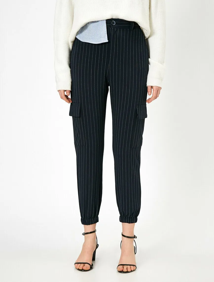 16310 Navy Blue Striped Cargo Style Trousers