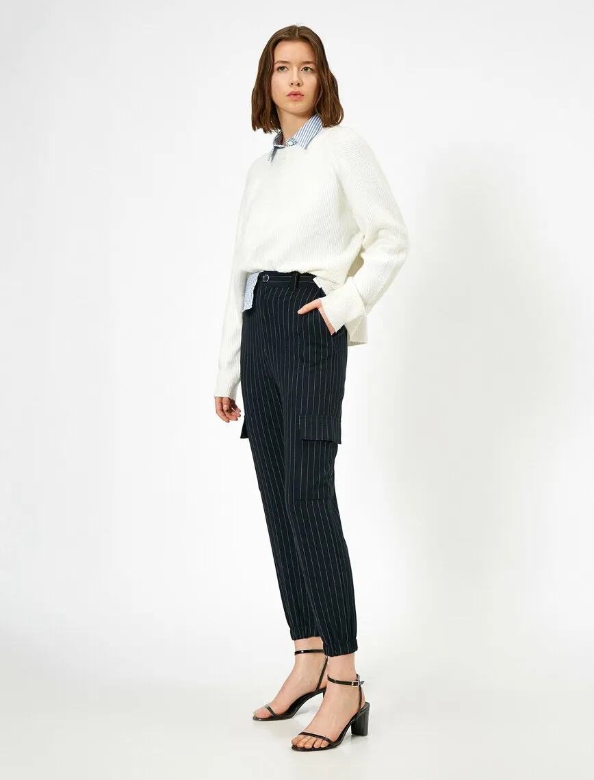 16310 Navy Blue Striped Cargo Style Trousers