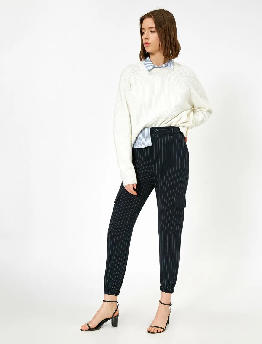 16310 Navy Blue Striped Cargo Style Trousers