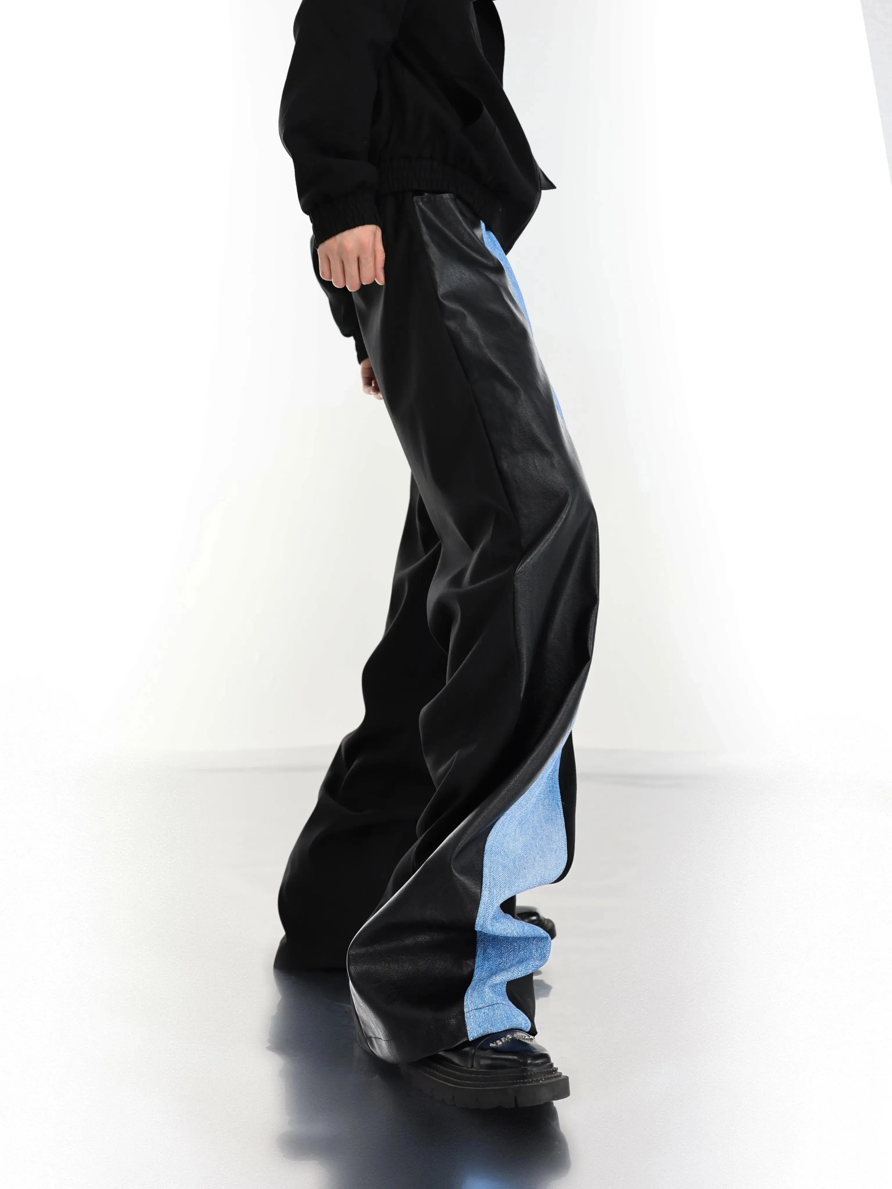 【23s July.】PU Leather Blue Black Trousers