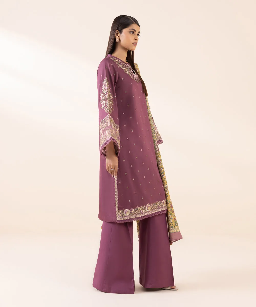 3 Piece - Embroidered Cotton Satin Suit