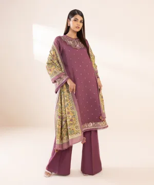 3 Piece - Embroidered Cotton Satin Suit