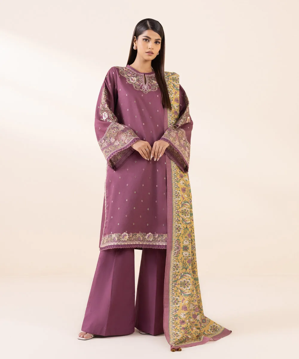 3 Piece - Embroidered Cotton Satin Suit