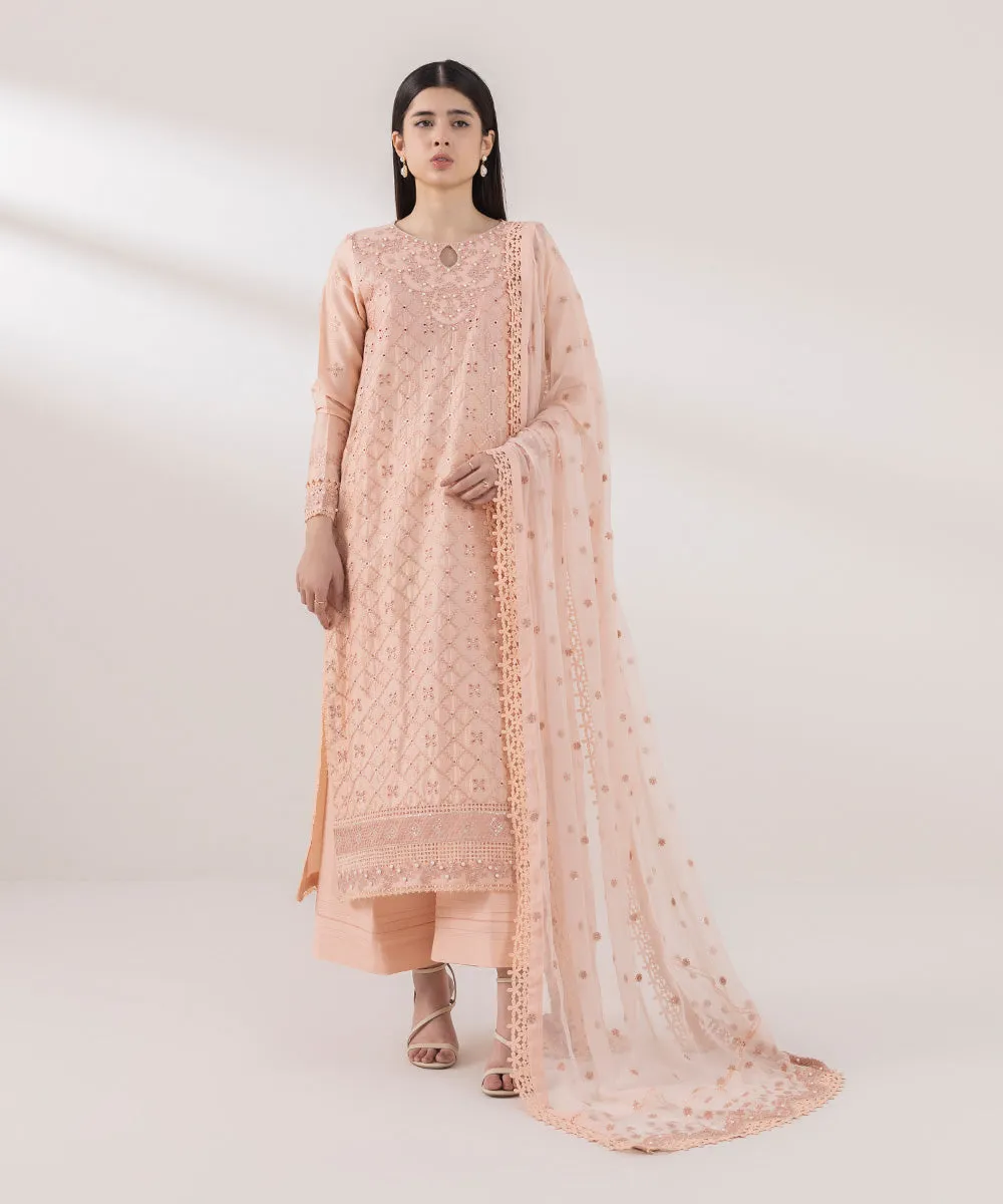 3 Piece - Embroidered Raw Silk Suit