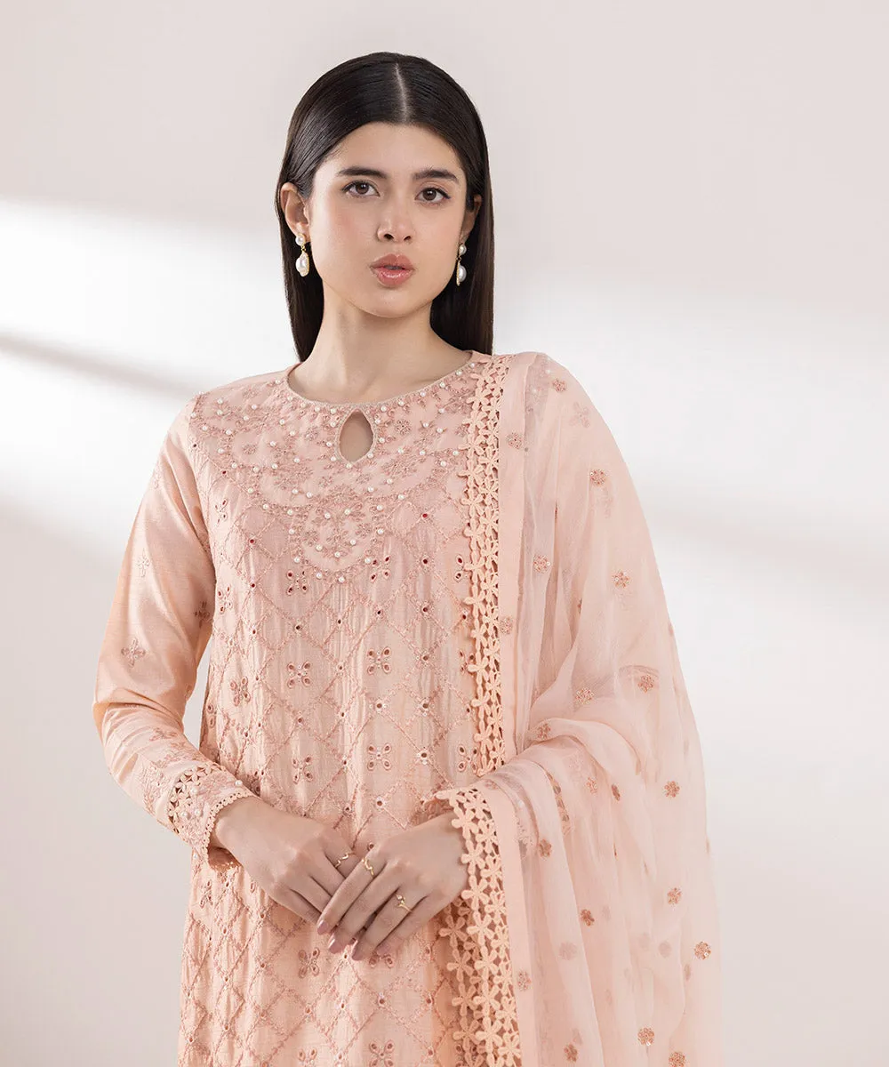 3 Piece - Embroidered Raw Silk Suit