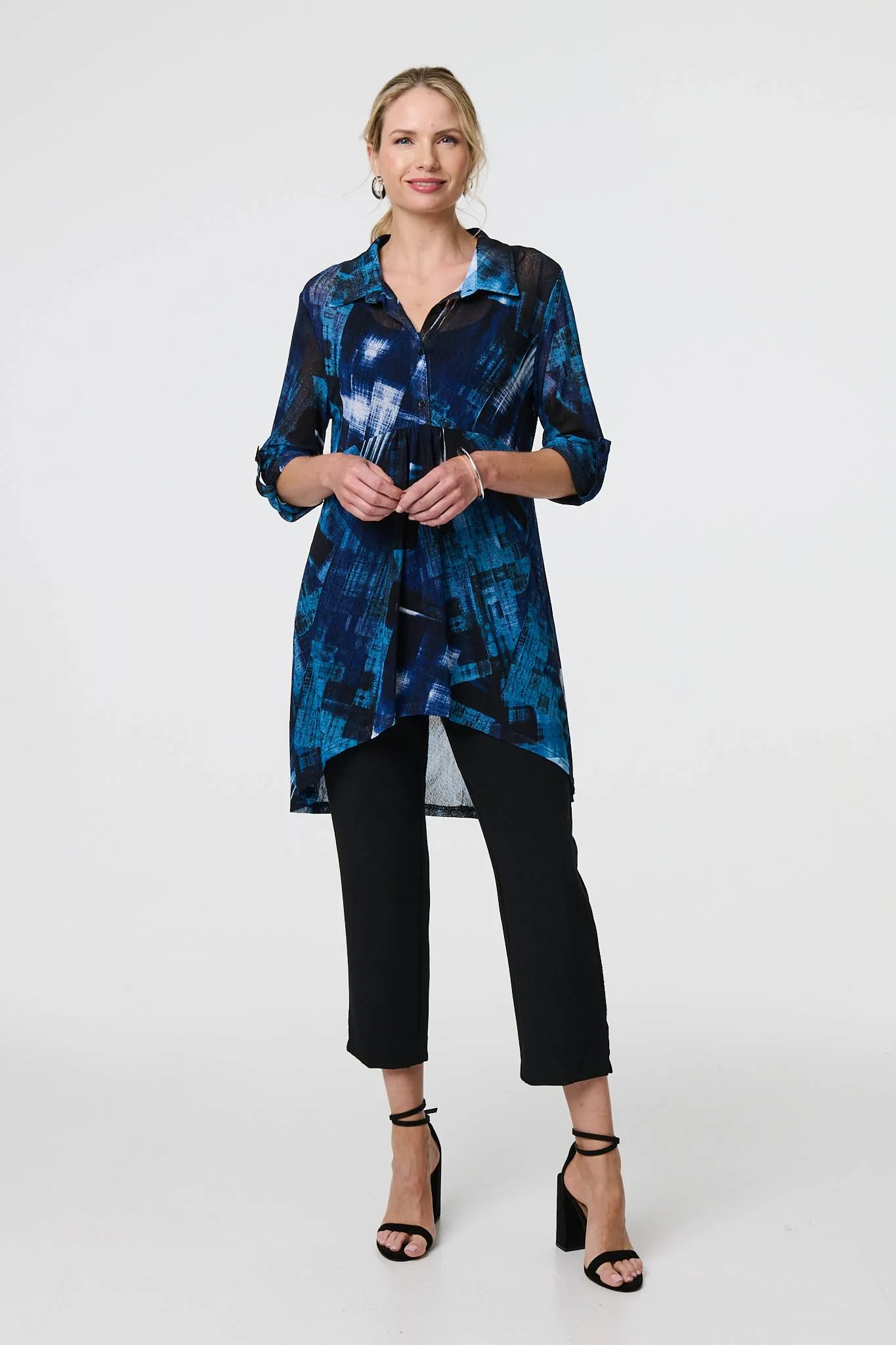 Abstract Sheer Curve Hem Longline Shirt