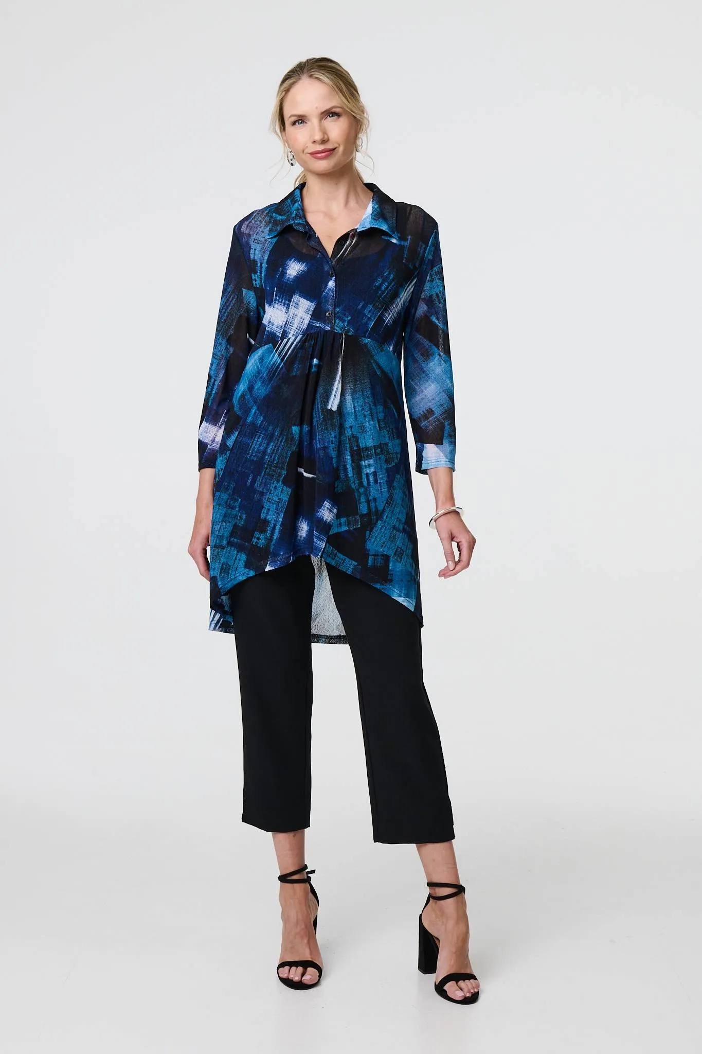 Abstract Sheer Curve Hem Longline Shirt