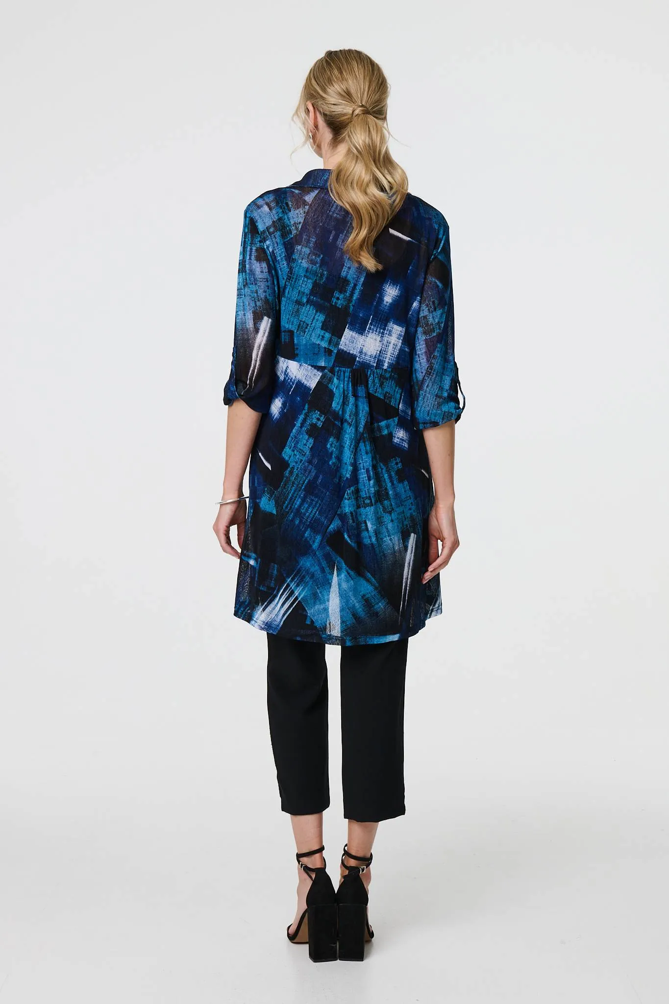 Abstract Sheer Curve Hem Longline Shirt