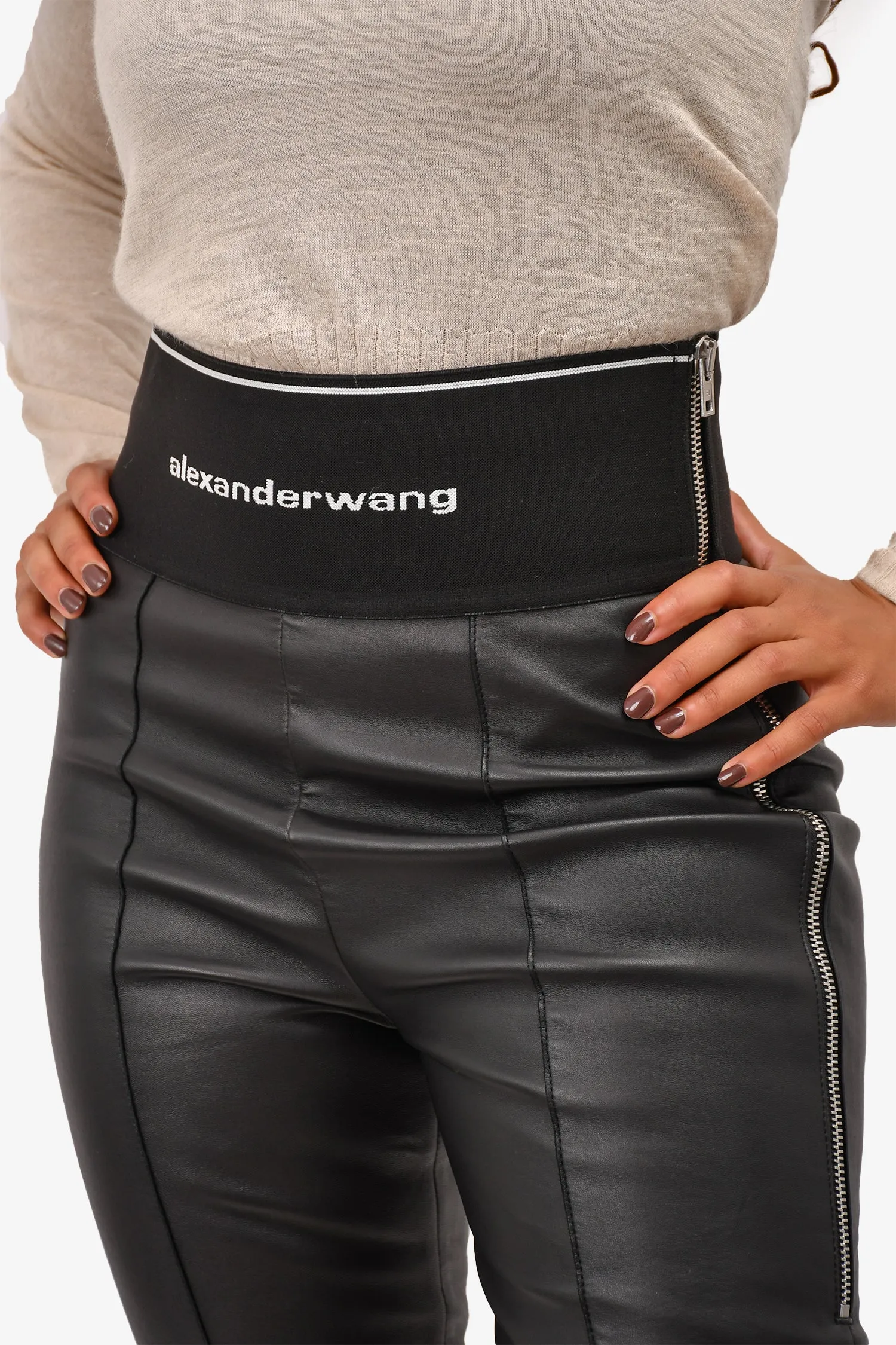 Alexander Wang Black Leather Logo Waistband Trousers Size 8