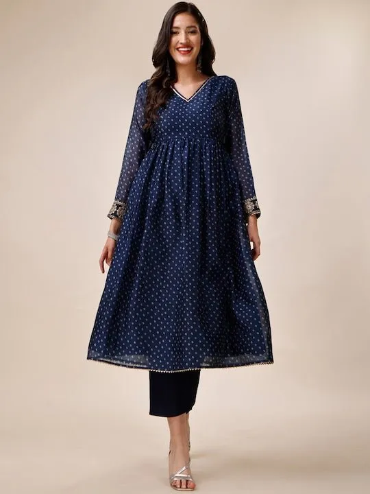 Bandhani Printed V-Neck Chanderi Cotton Kurta with Trousers