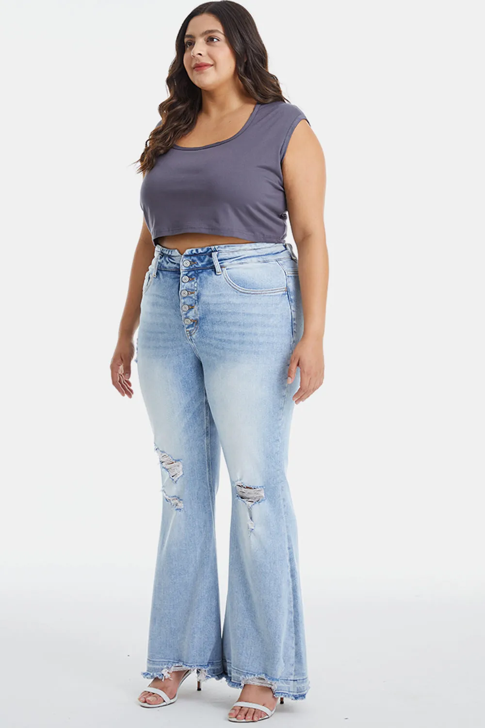 BAYEAS Full Size Distressed Raw Hem High Waist Flare Jeans