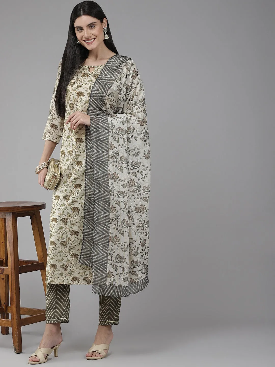 Beige Ethnic Motifs Printed Regular Style Dupatta Set