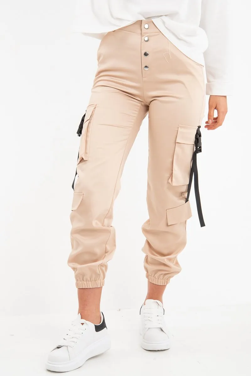 Beige Popper Front Buckle Detail Cargo Trousers - Gabriella