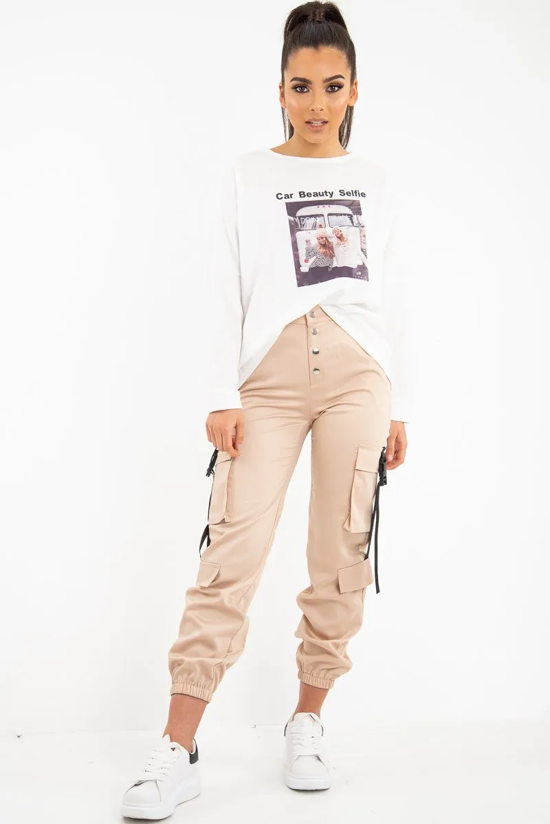 Beige Popper Front Buckle Detail Cargo Trousers - Gabriella