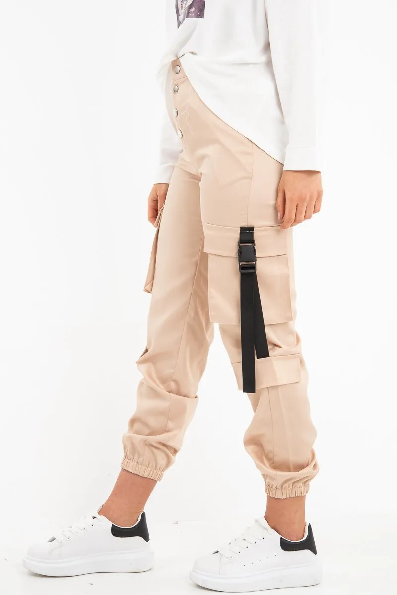 Beige Popper Front Buckle Detail Cargo Trousers - Gabriella