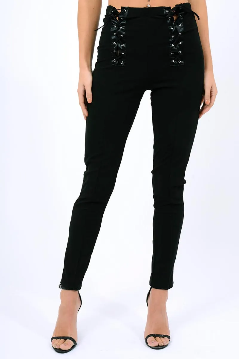 Black Lace Up Front Trousers - Zia