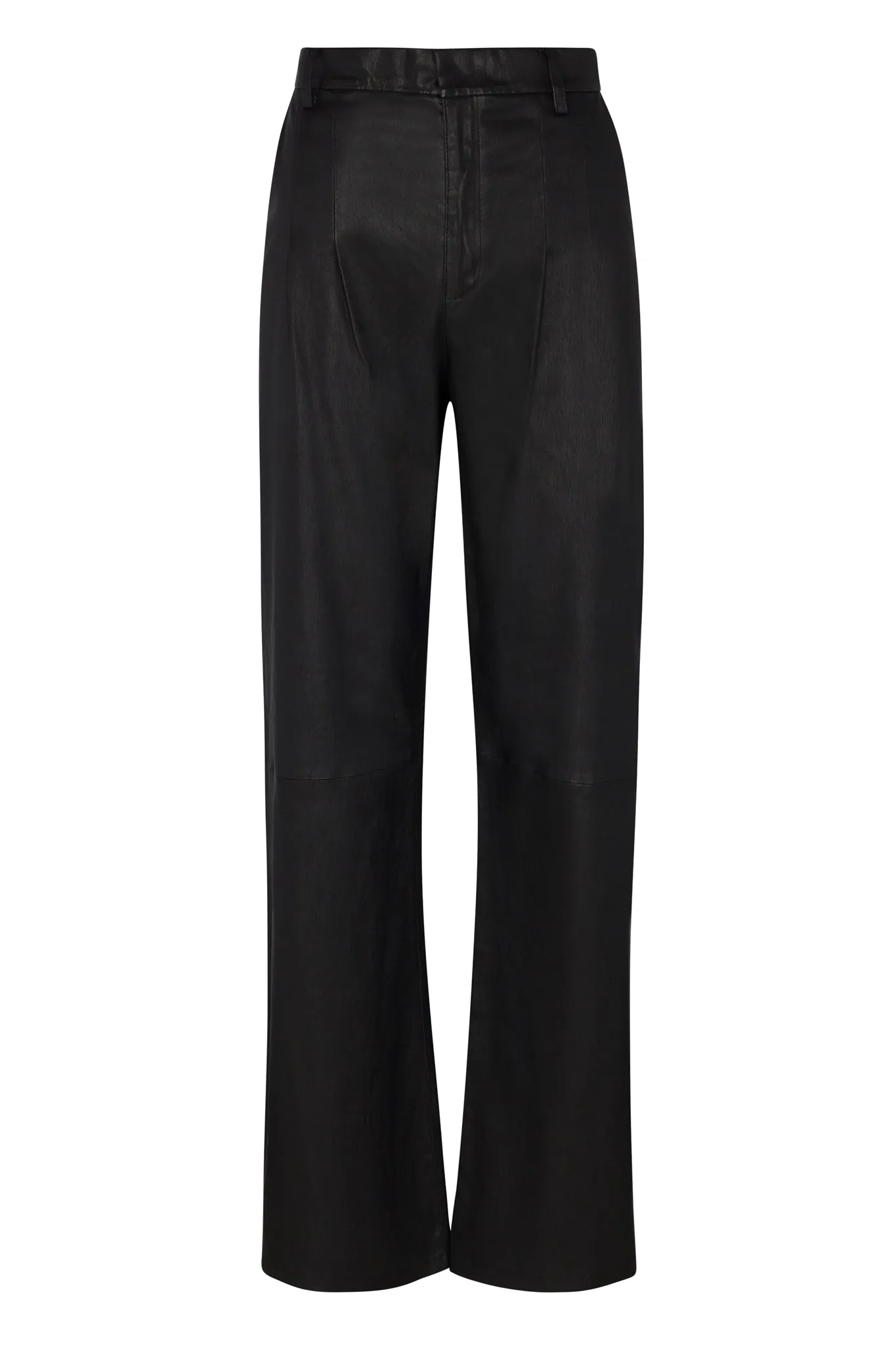 Black Leather Straight Leg Pleated Trousers