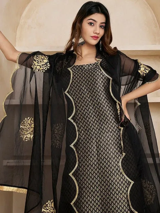 Black Woven Design Thread Work & Zari Straight Kurta & Trousers With Dupatta