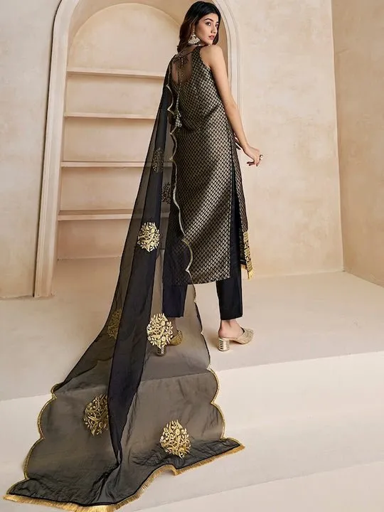 Black Woven Design Thread Work & Zari Straight Kurta & Trousers With Dupatta