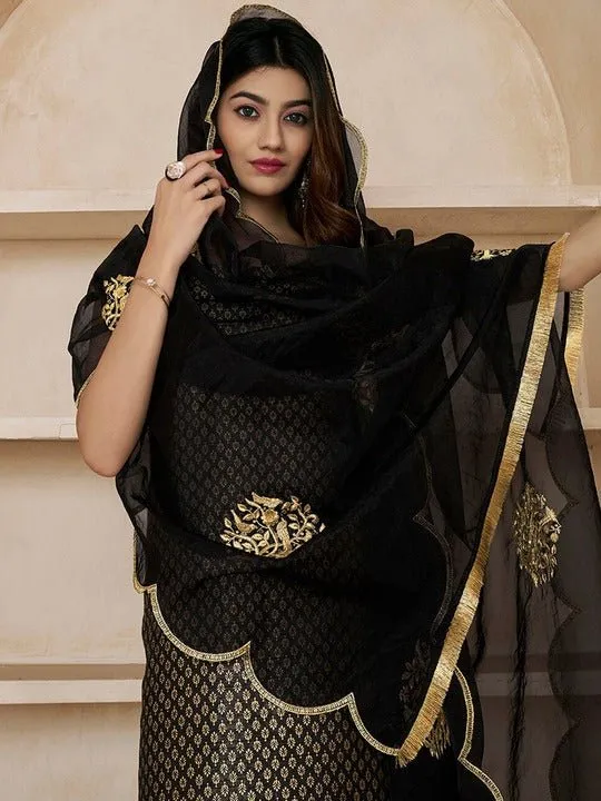 Black Woven Design Thread Work & Zari Straight Kurta & Trousers With Dupatta