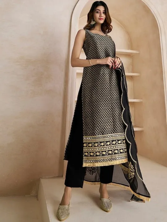 Black Woven Design Thread Work & Zari Straight Kurta & Trousers With Dupatta