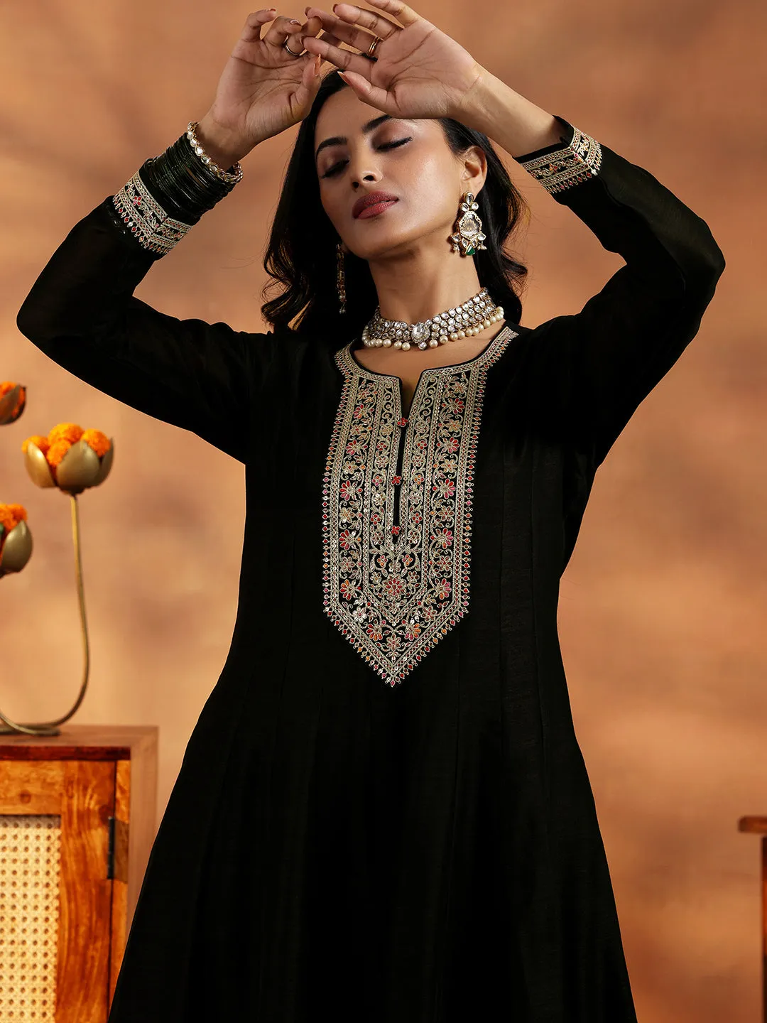 Black Yoke Design Silk Blend A-Line Kurta With Trousers & Dupatta