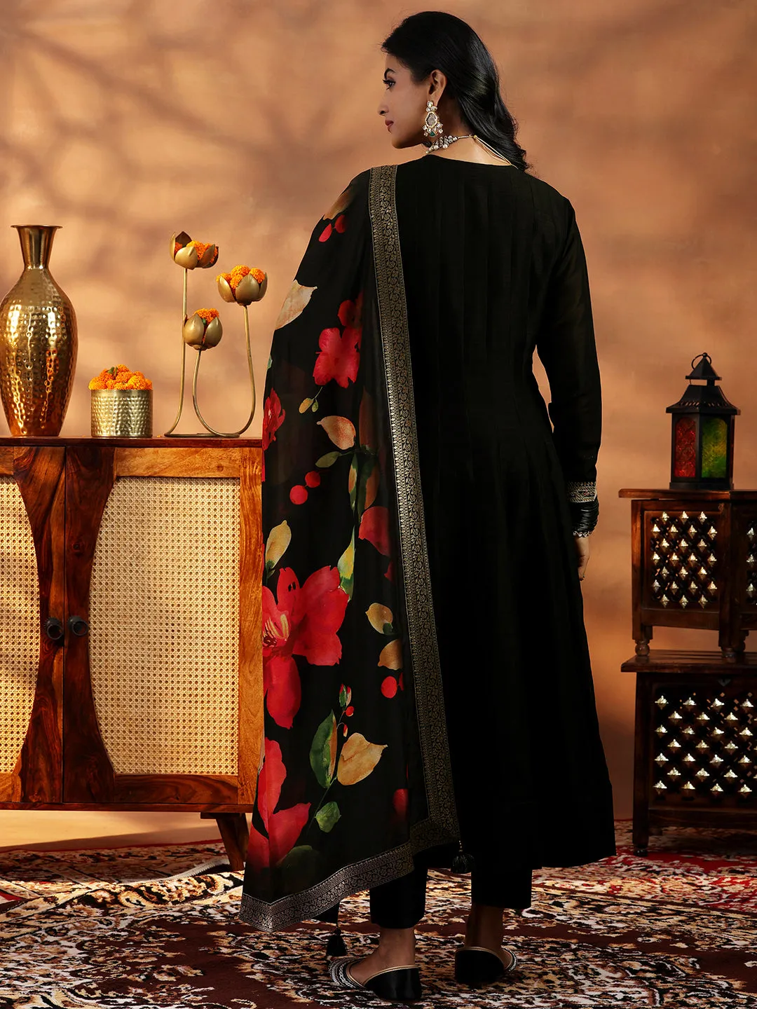 Black Yoke Design Silk Blend A-Line Kurta With Trousers & Dupatta