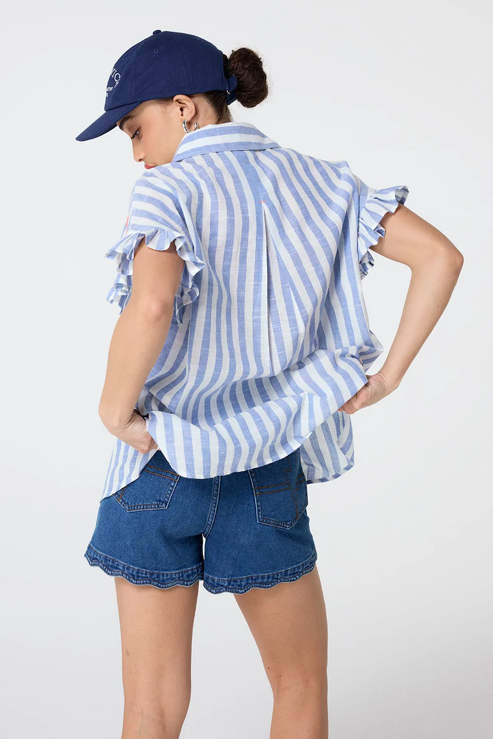 Blue and White Stripe Frill Sleeve Shirt