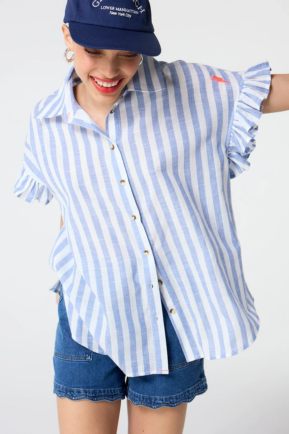 Blue and White Stripe Frill Sleeve Shirt