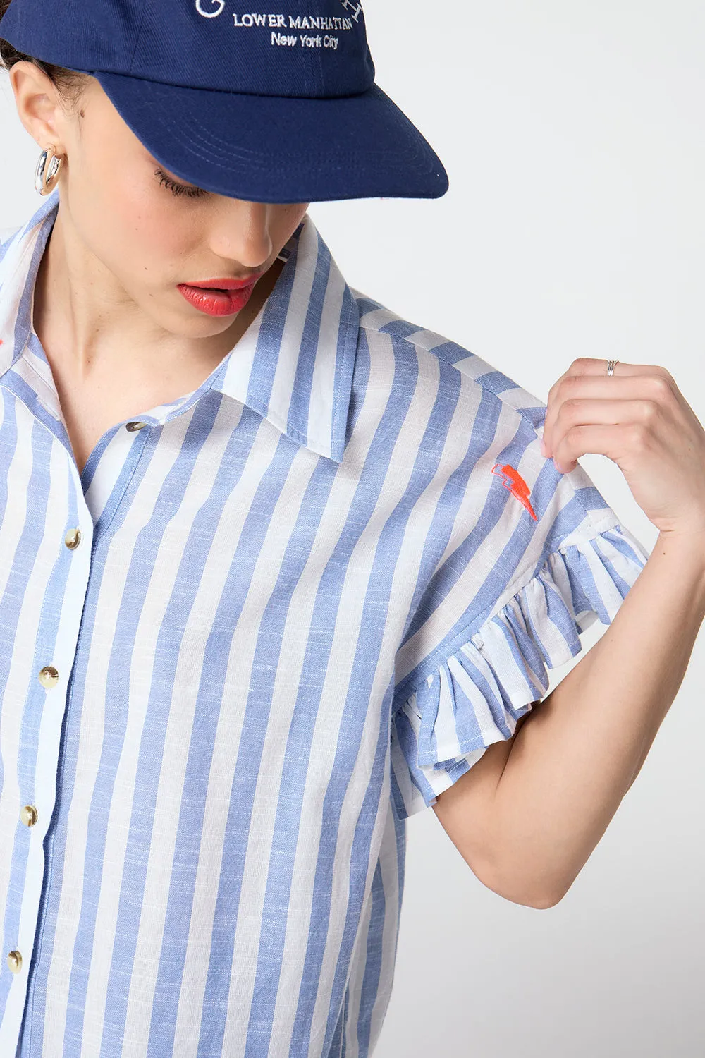 Blue and White Stripe Frill Sleeve Shirt