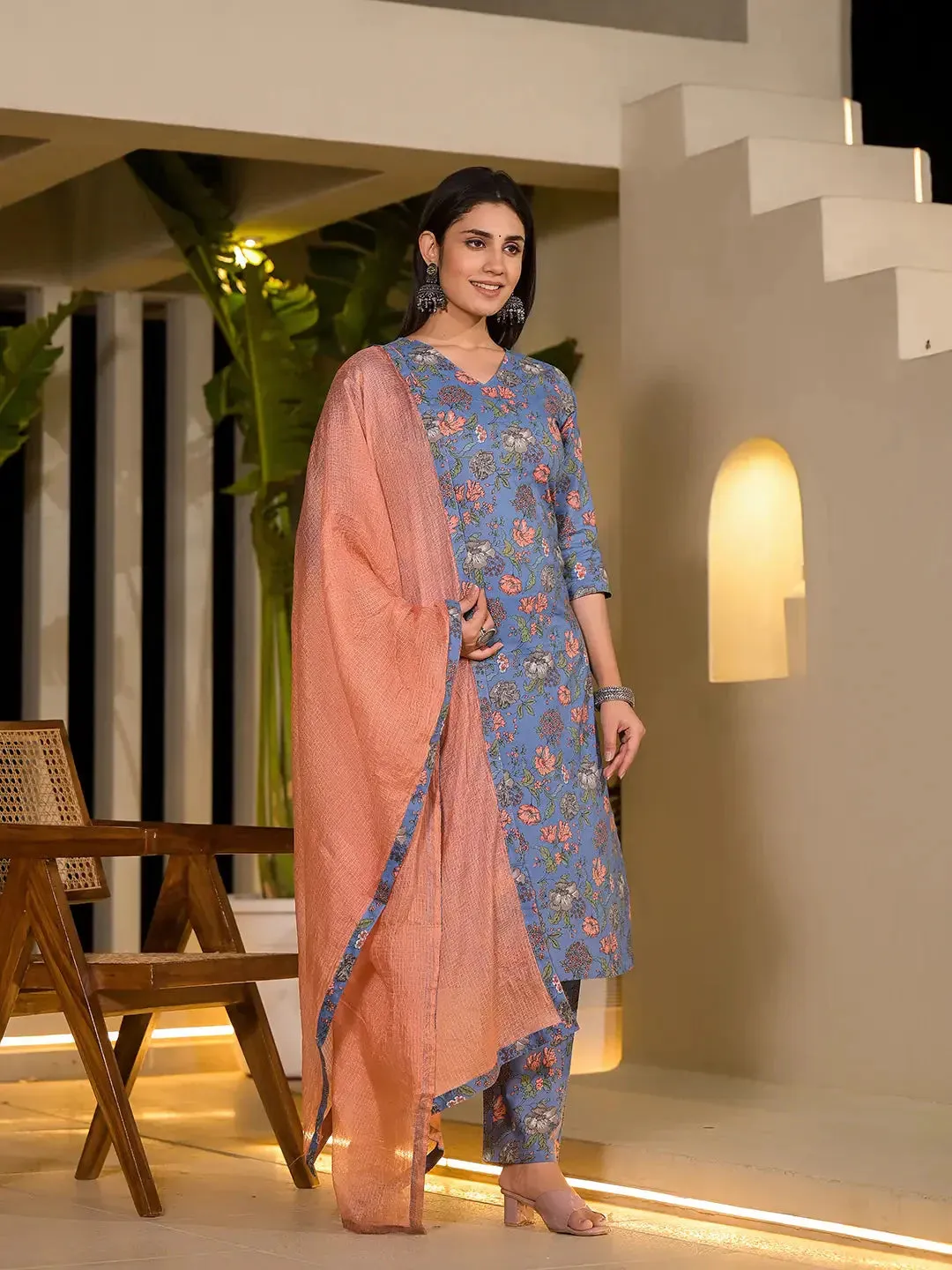 Blue Floral Print Cotton Straight Style Kurta And Trousers With Dupatta Set