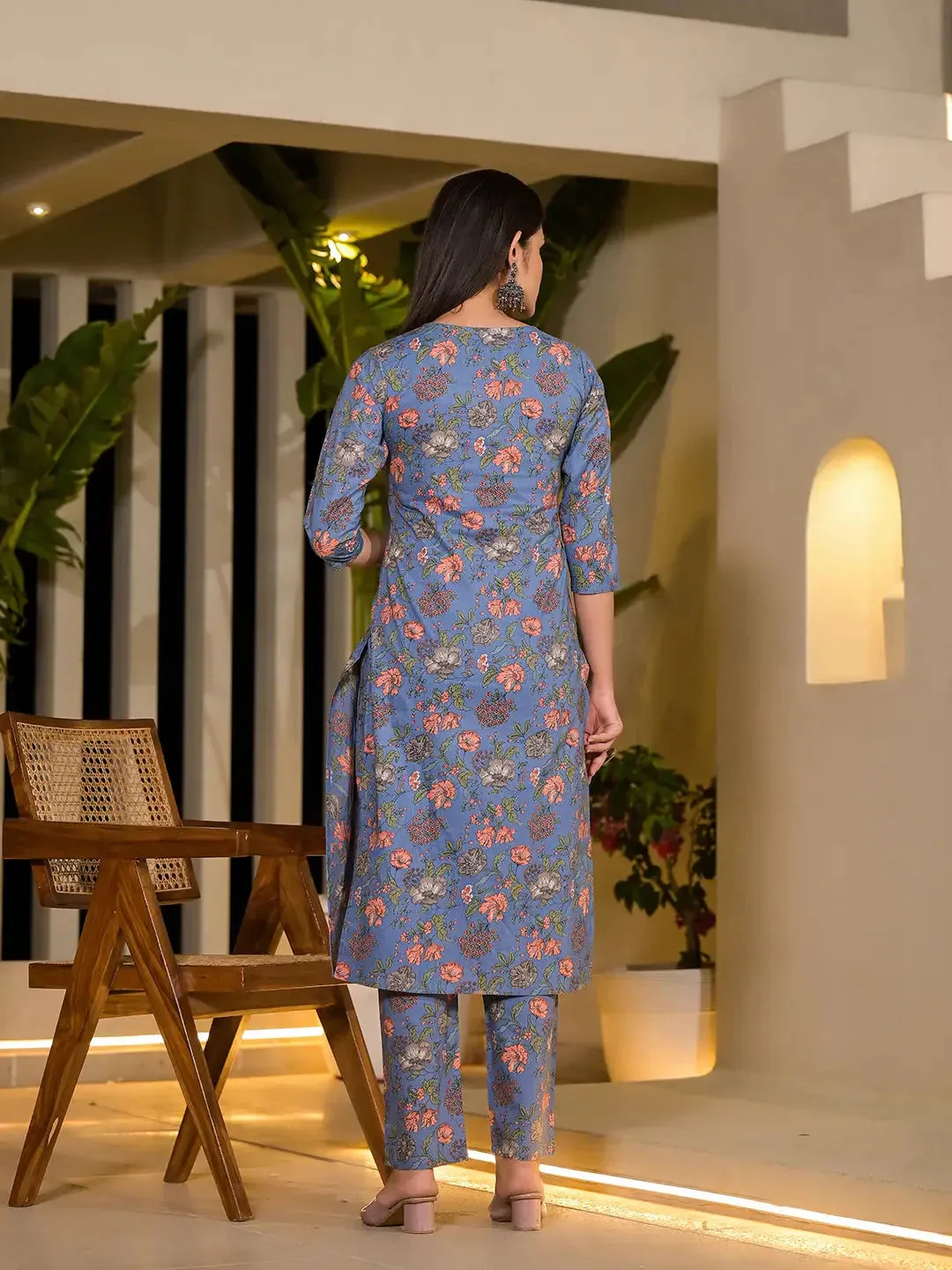 Blue Floral Print Cotton Straight Style Kurta And Trousers With Dupatta Set