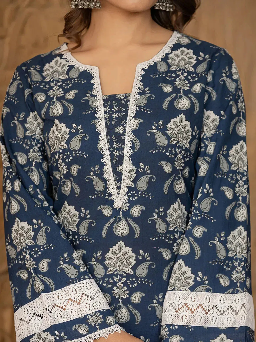 Blue Floral Print Pakistani Style Kurta Trouser And Dupatta Set