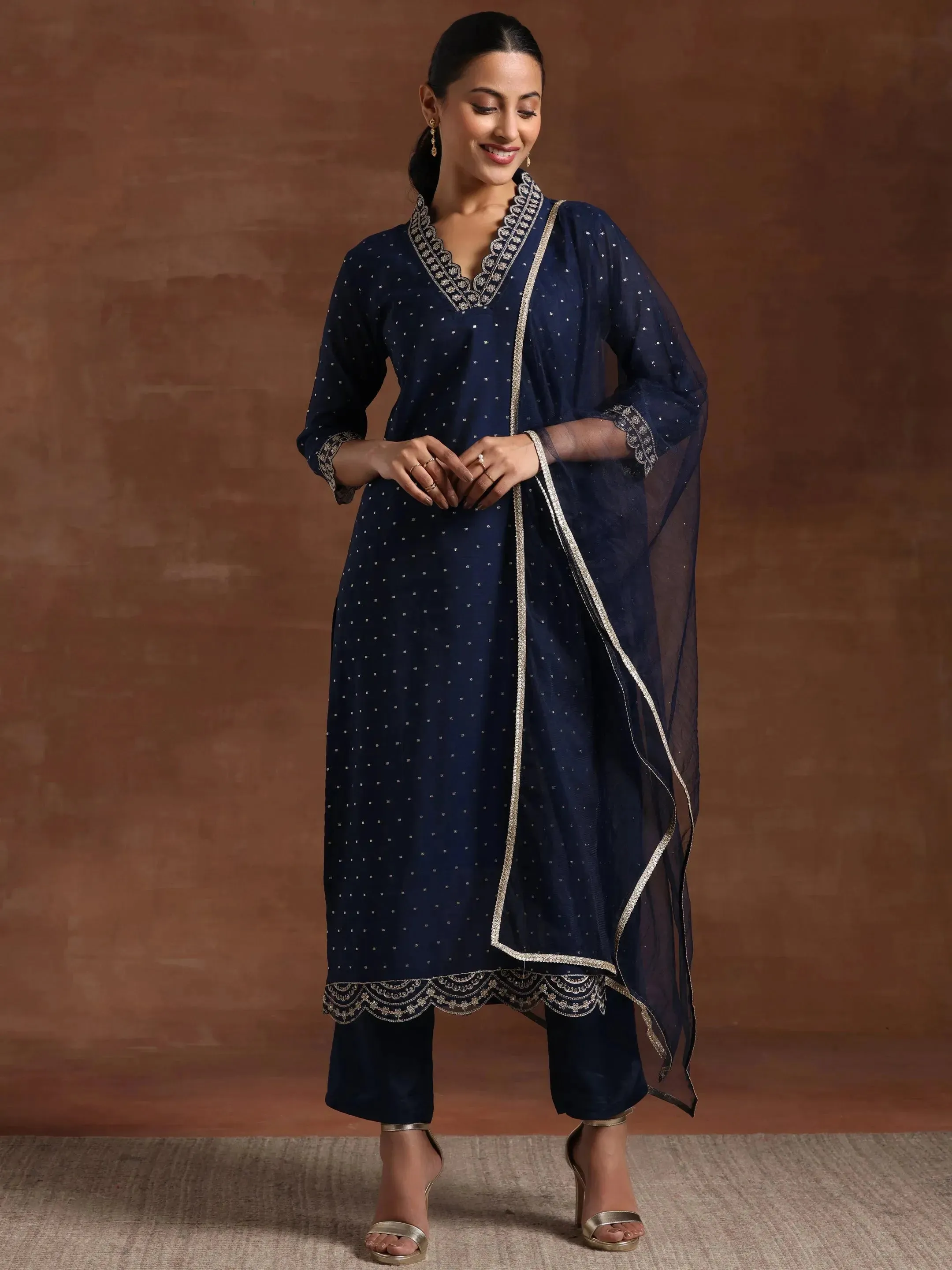 Blue Self Design Silk Blend Straight Suit With Dupatta