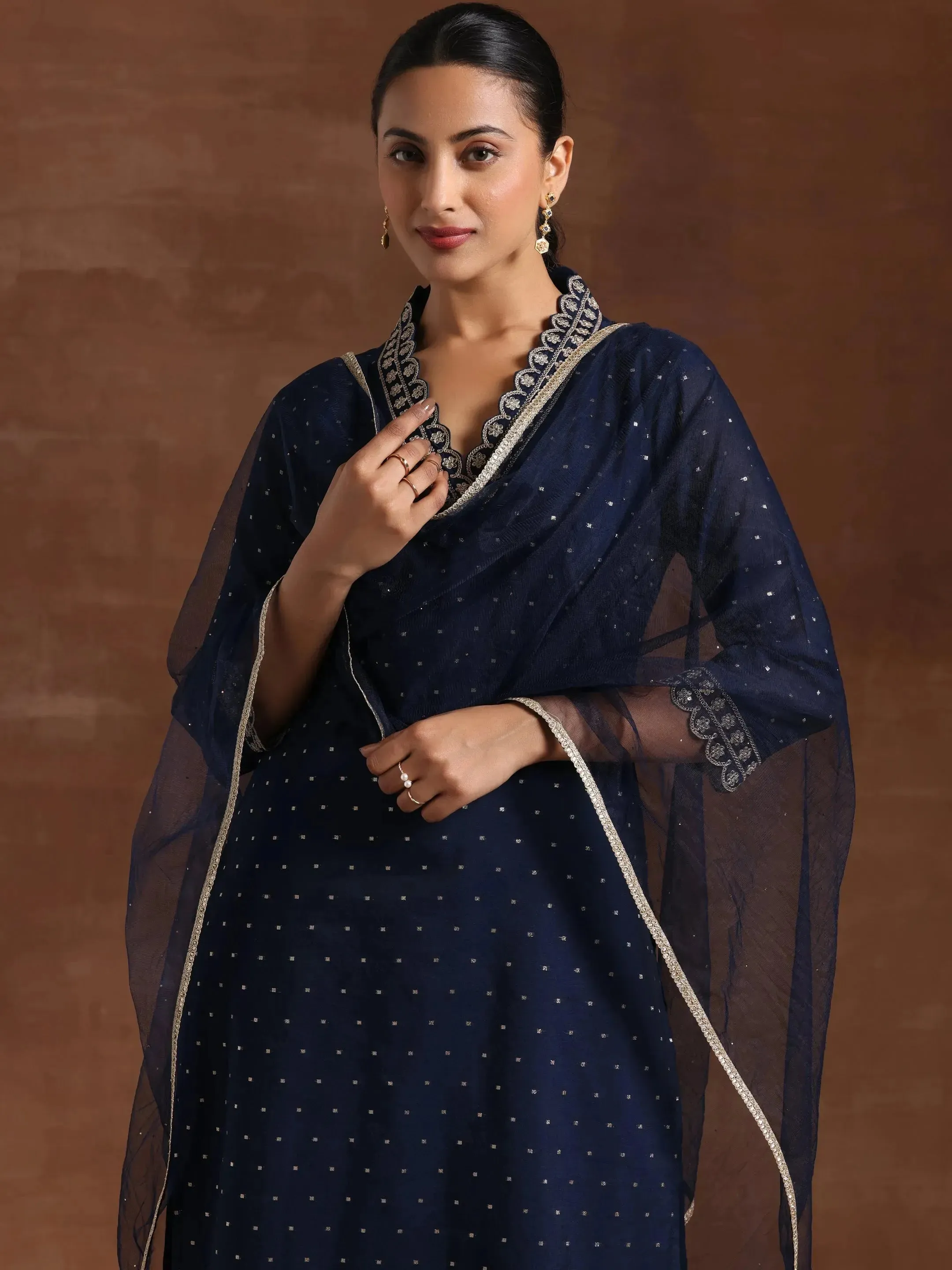 Blue Self Design Silk Blend Straight Suit With Dupatta