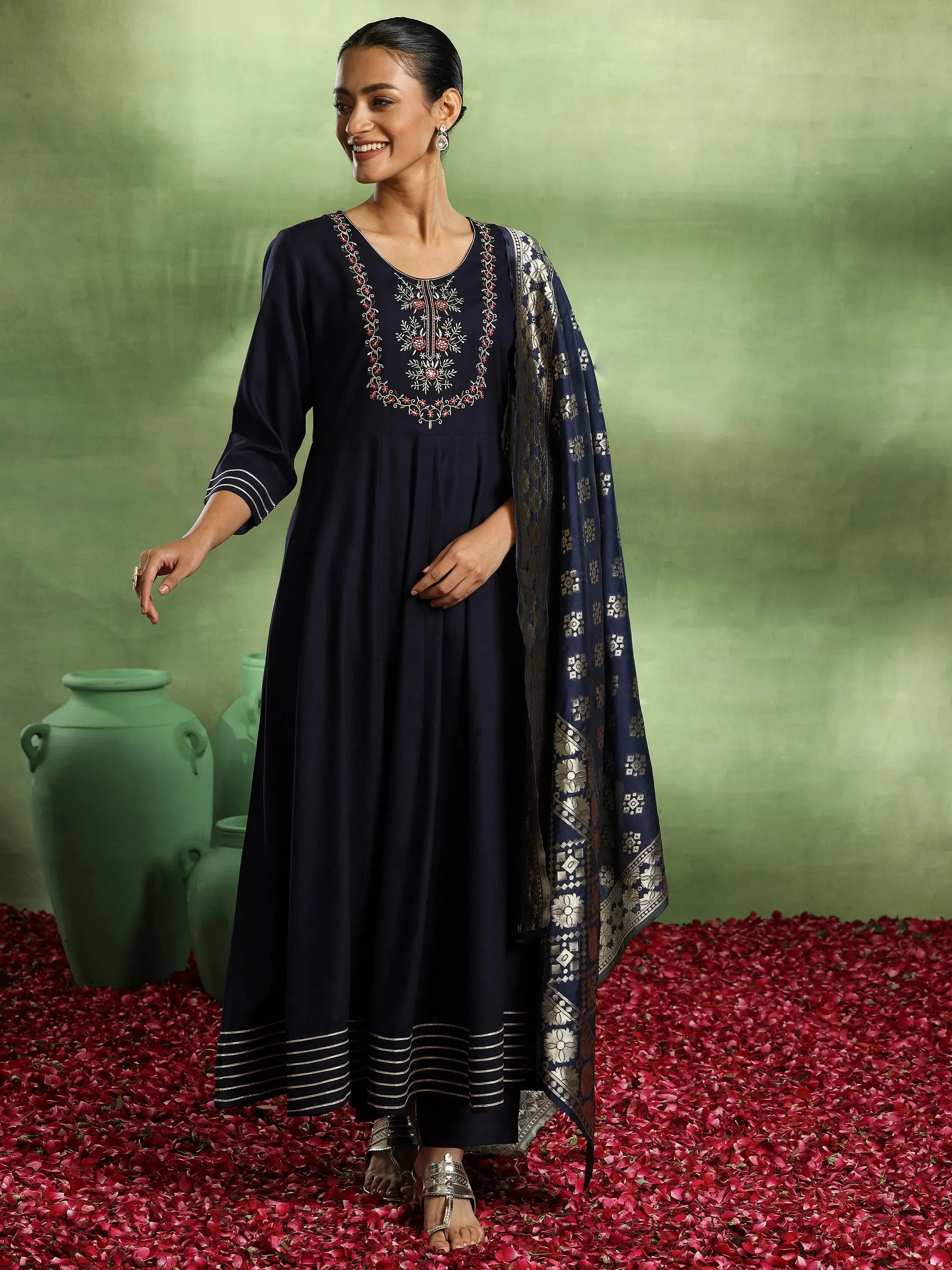 Blue Yoke Design Rayon Anarkali Suit With Dupatta