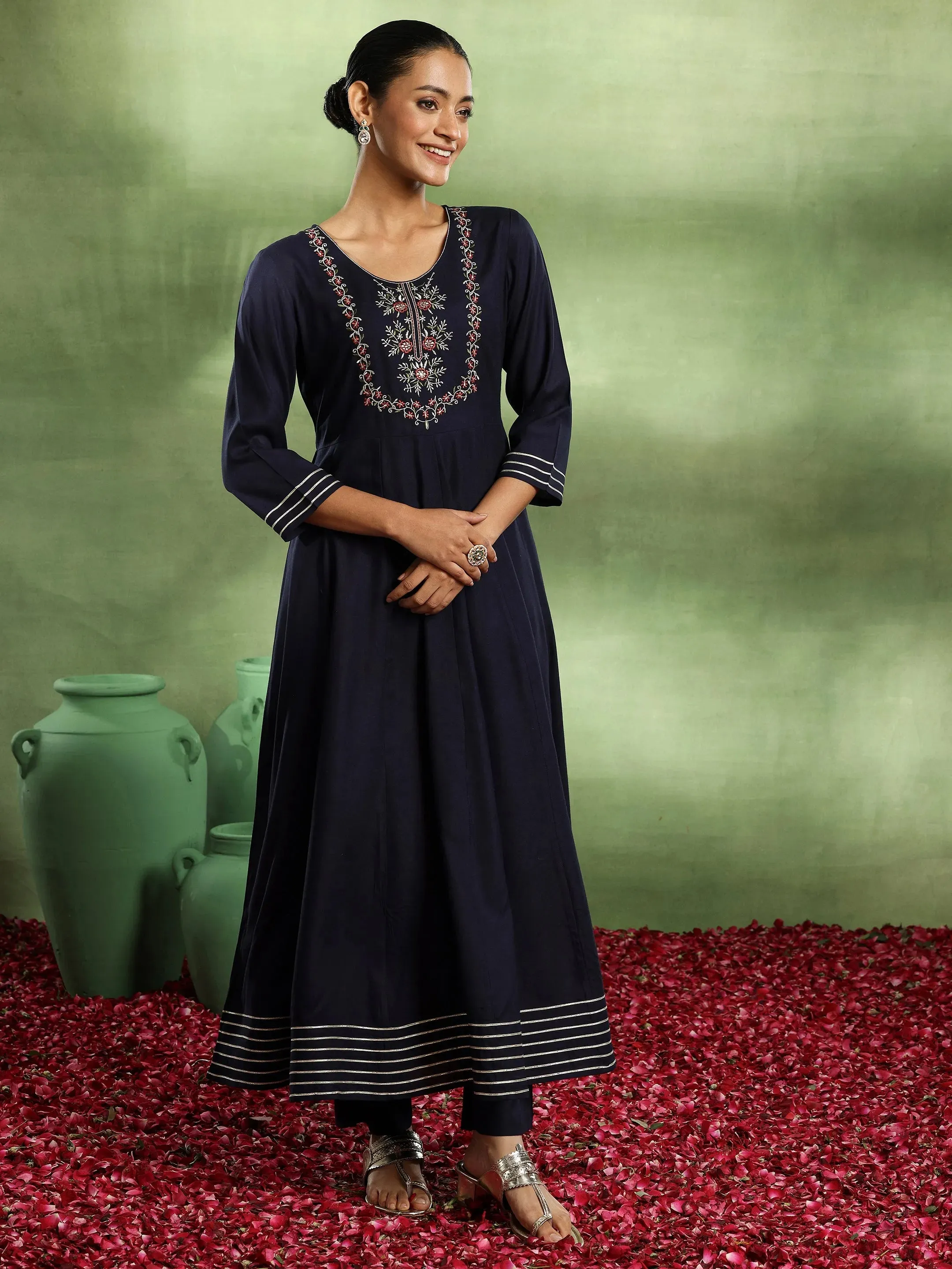 Blue Yoke Design Rayon Anarkali Suit With Dupatta