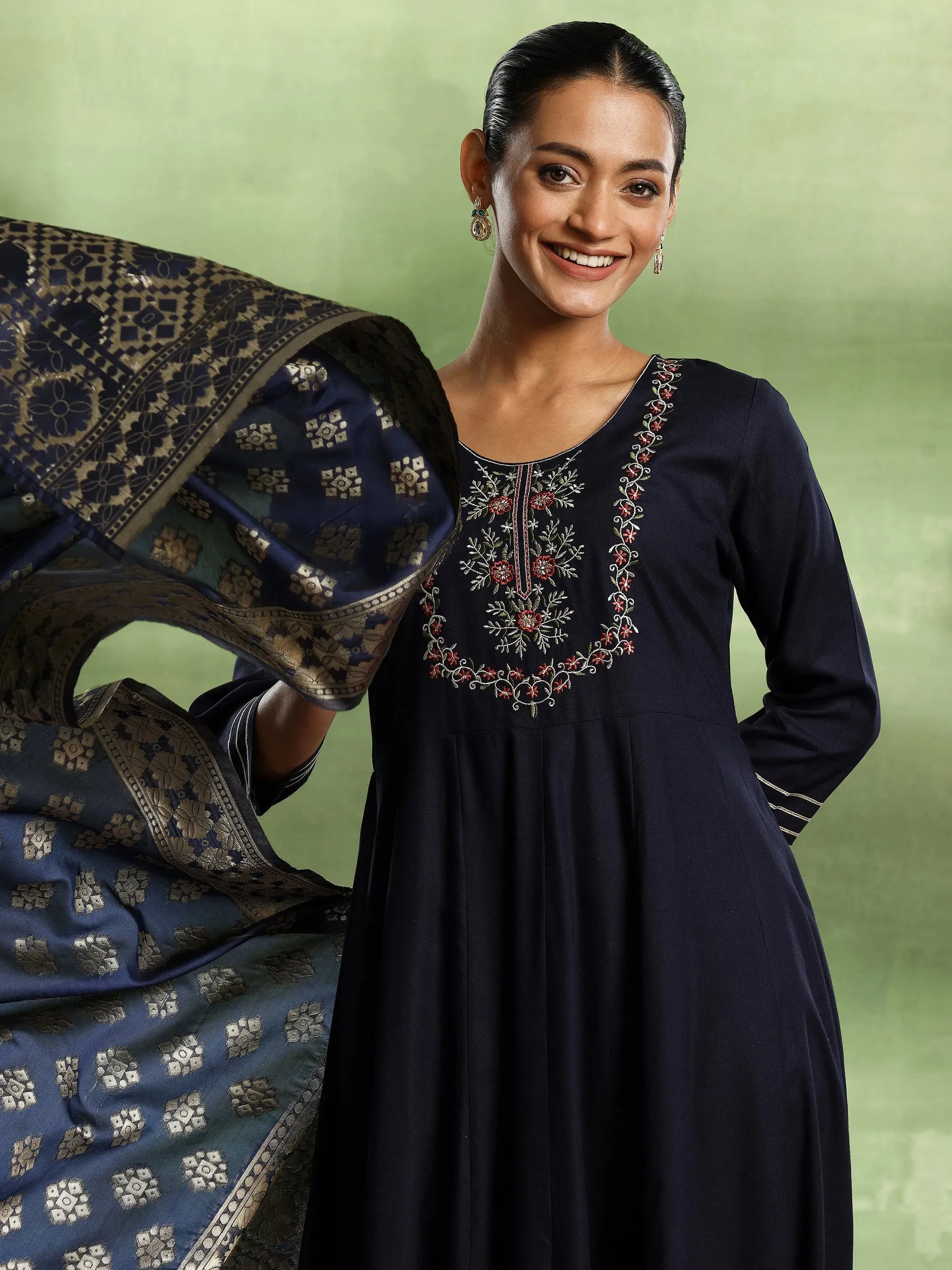 Blue Yoke Design Rayon Anarkali Suit With Dupatta