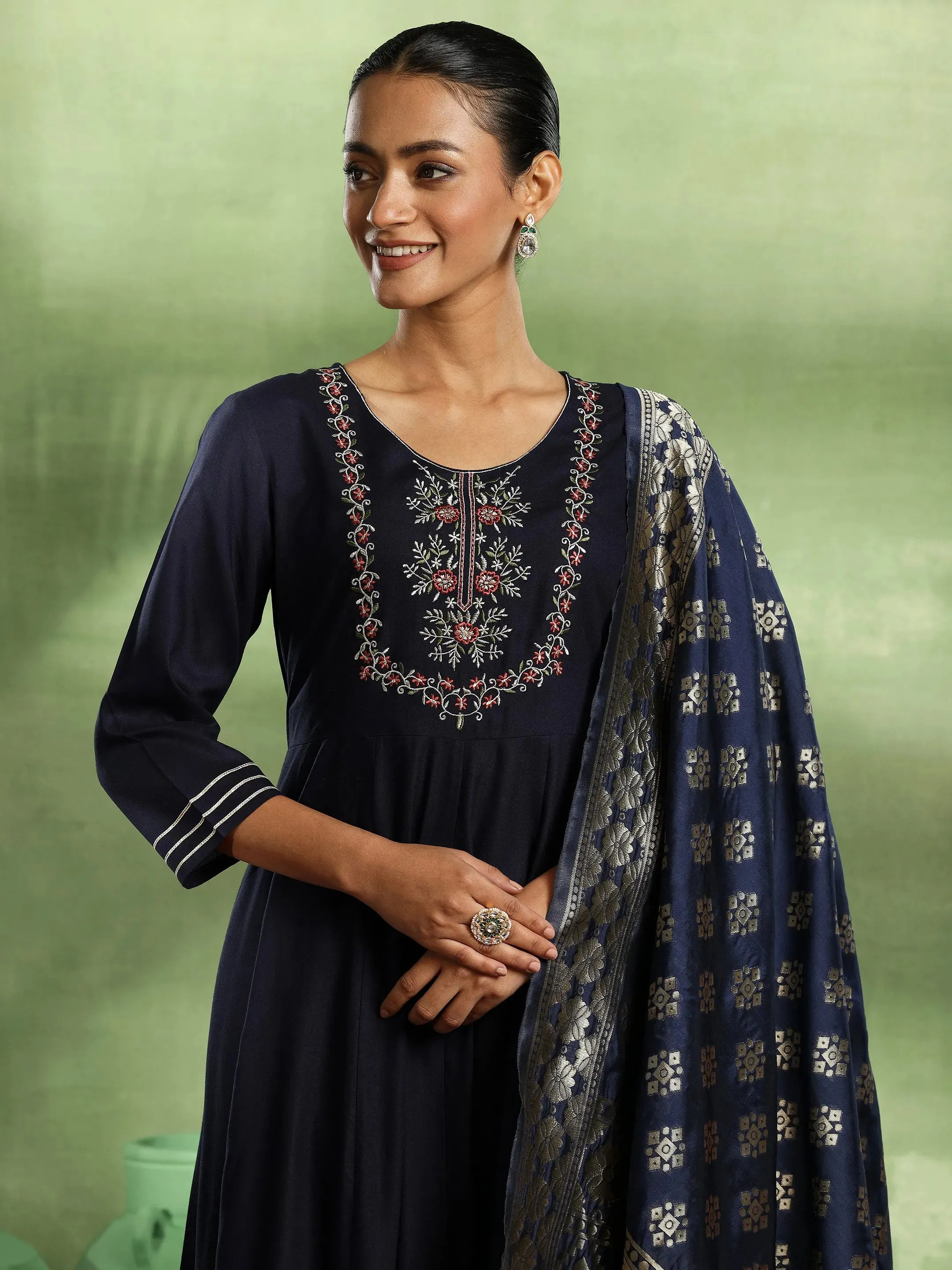 Blue Yoke Design Rayon Anarkali Suit With Dupatta