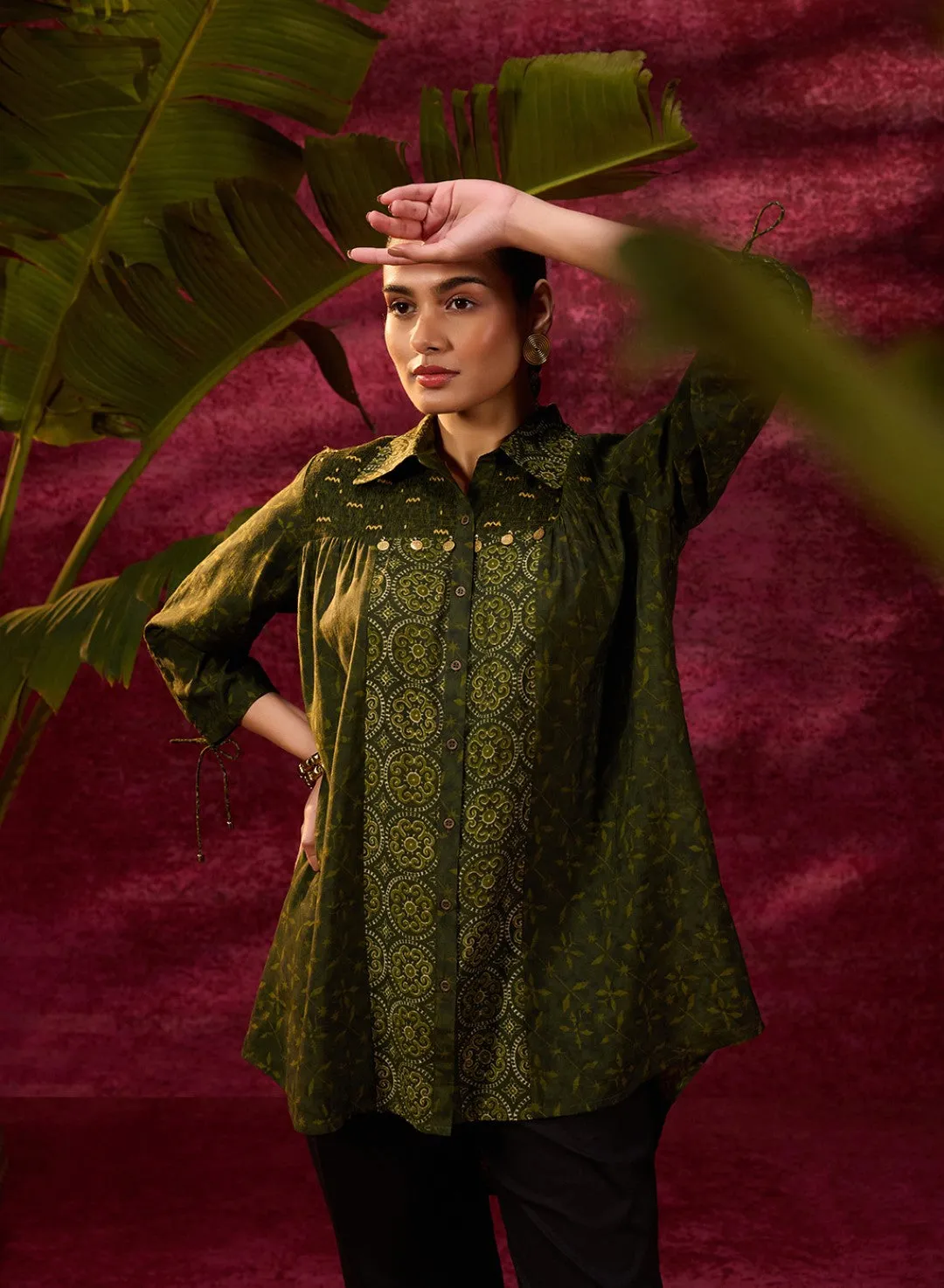 Bottle Green Printed Chanderi Long Shirt For Women