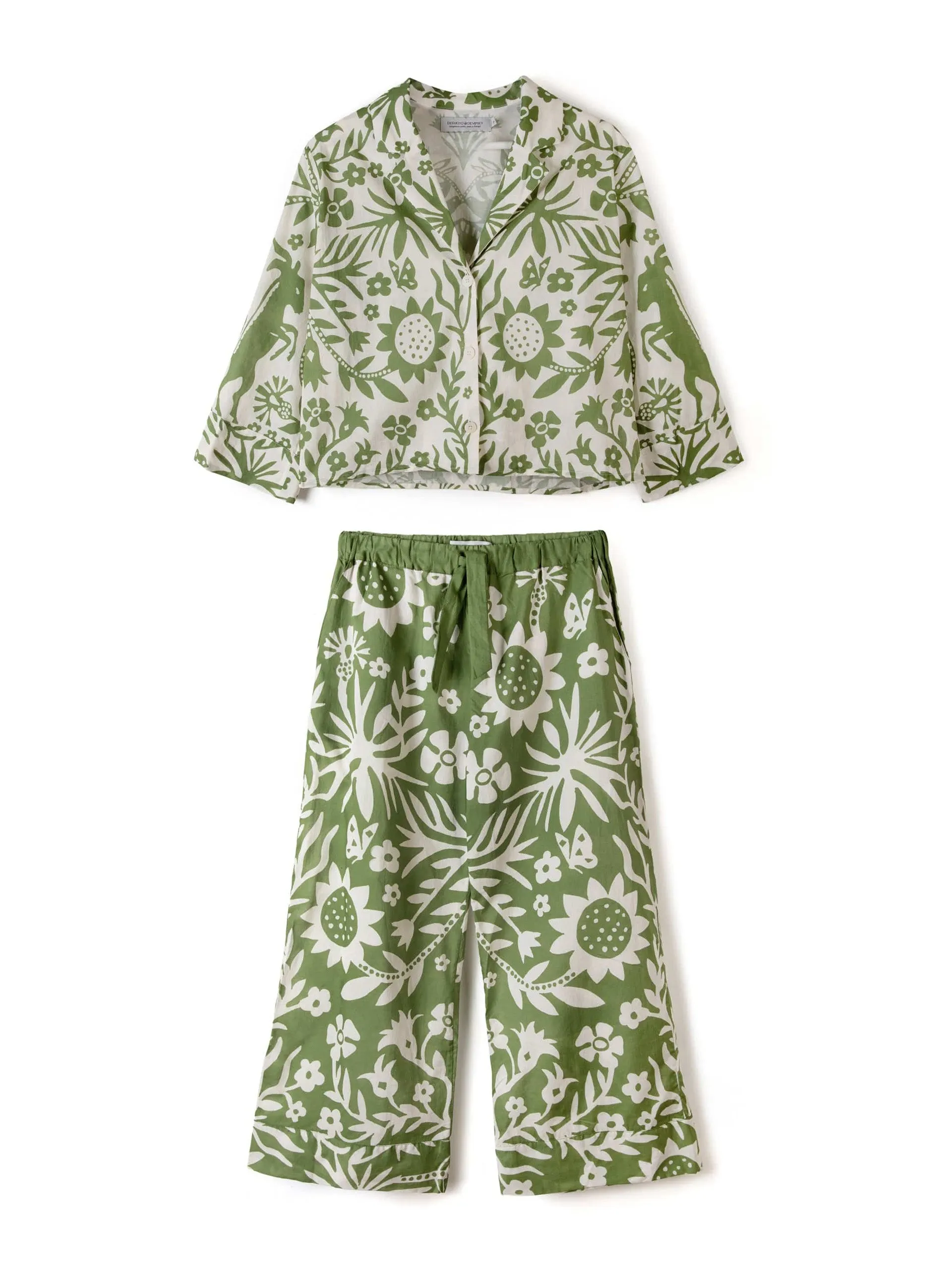 Boxy shirt and wide leg trouser set Fabelei print green and cream