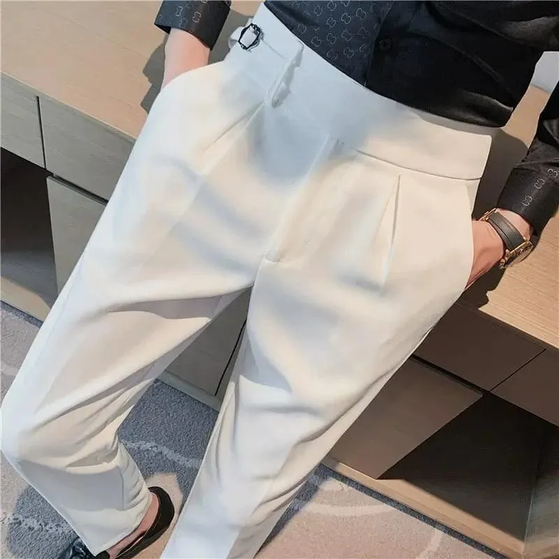 British Style Men's High Waist Ankle Length Smart Dress Pant Belt Design Slim Trousers