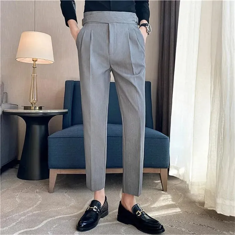 British Style Men's High Waist Ankle Length Smart Dress Pant Belt Design Slim Trousers