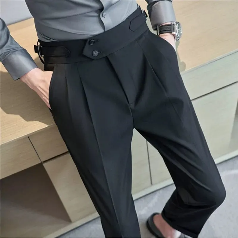 British Style Men's High Waist Ankle Length Smart Dress Pant Belt Design Slim Trousers