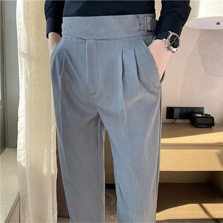 British Style Men's High Waist Ankle Length Smart Dress Pant Belt Design Slim Trousers