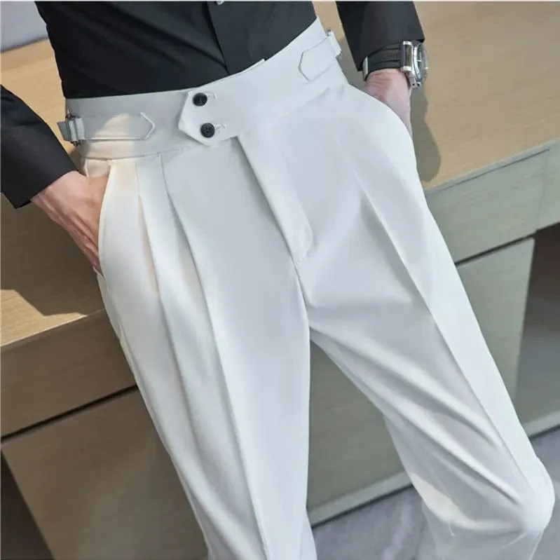 British Style Men's High Waist Ankle Length Smart Dress Pant Belt Design Slim Trousers