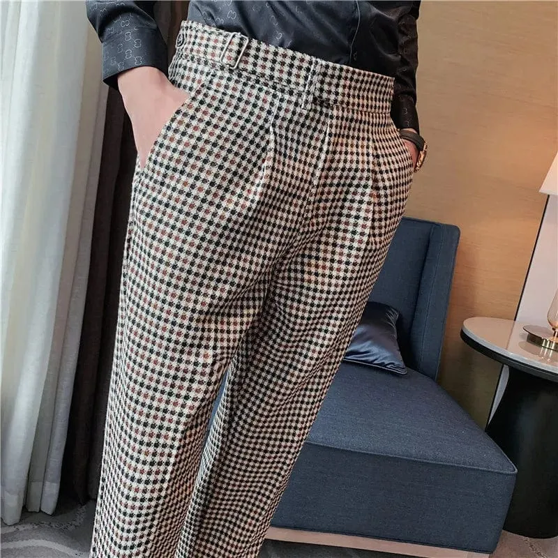 British Style Stripe Plaid Men's High Waist Slim Fit Suit Pants for Office and Wedding