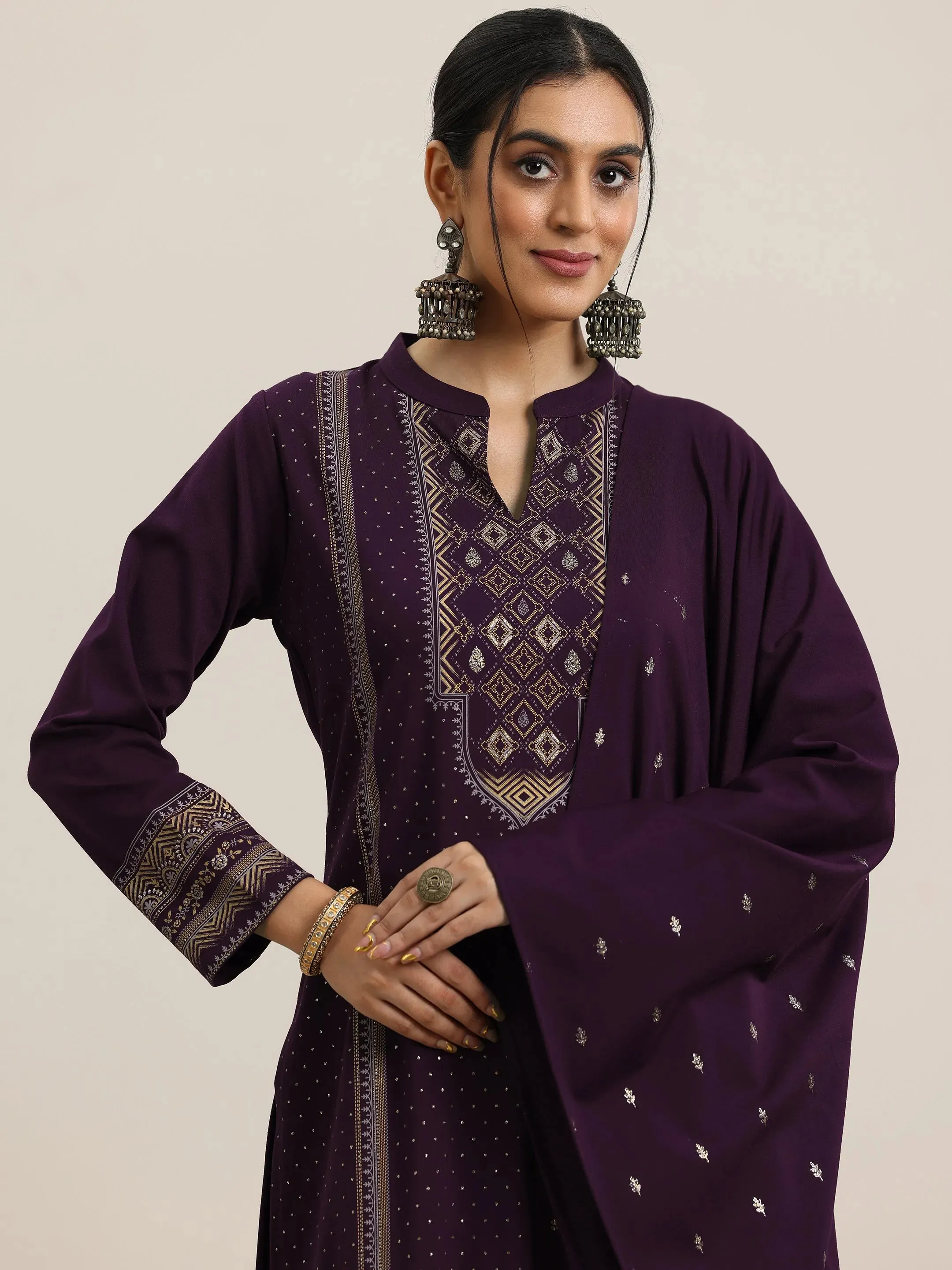 Burgundy Woven Design Wool Blend Straight Suit With Dupatta