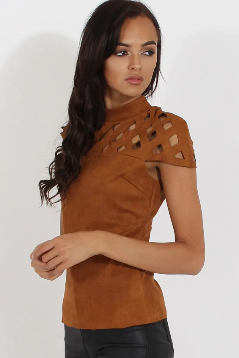 Camel Cage High Neck Suede Top - Lizzie