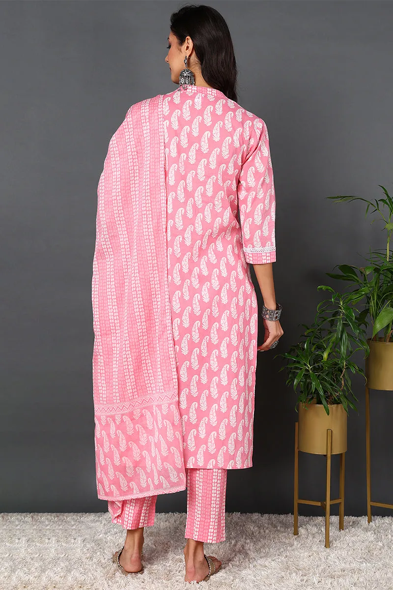 Cotton Pink Printed Straight Kurta Pant With Dupatta